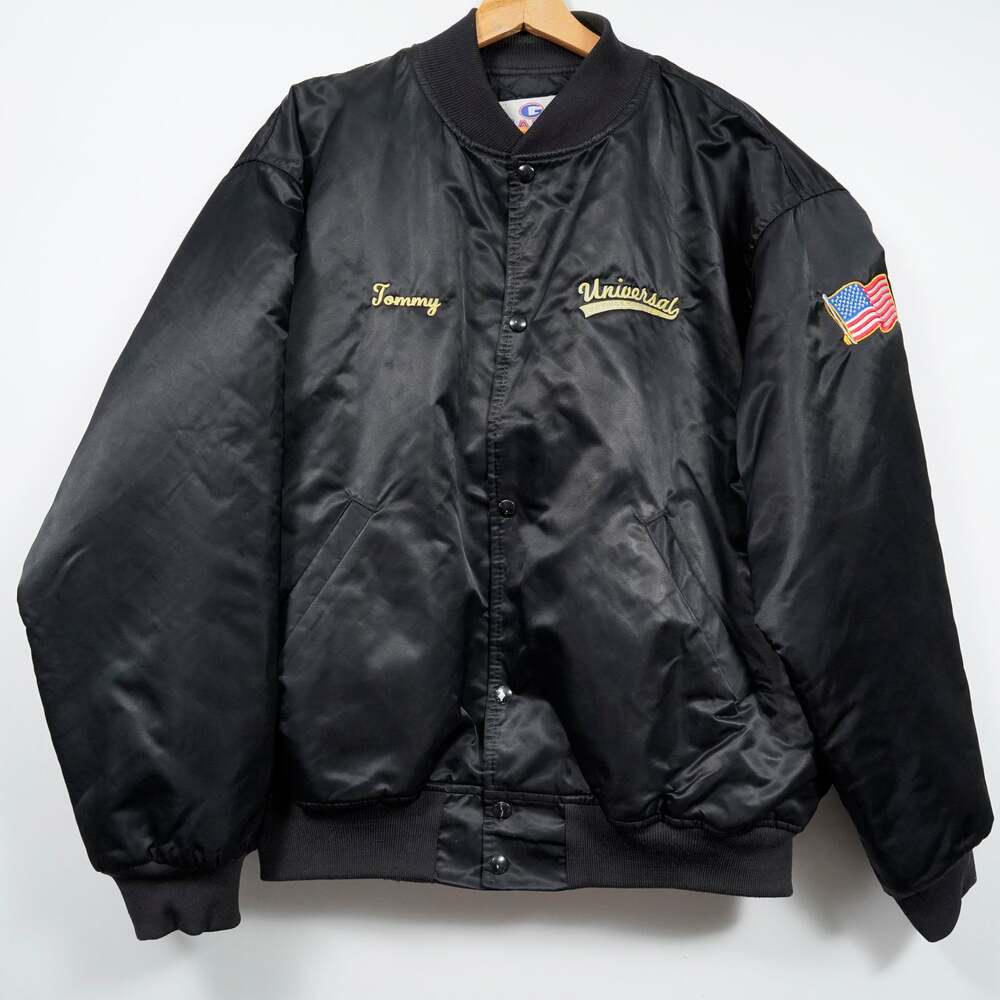 Vintage GAME Sportswear Satin Bomber Jacket USA Made XL Black Embroidered Flag